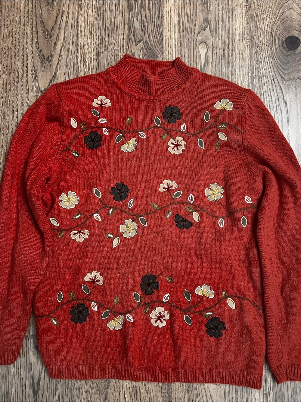 Alfred Dunner Red Floral Embroidered Mock Turtleneck Sweater